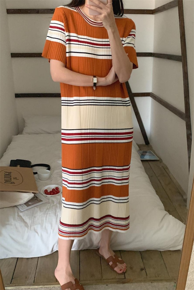 Long knitted short sleeve summer retro dress for women