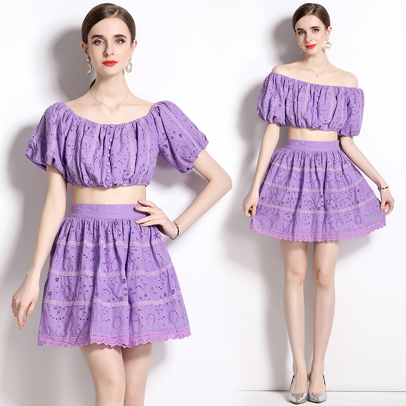 Fashion lace splice embroidery short skirt 2pcs set