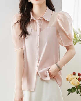 Satin Korean style tops short sleeve summer shirt for women