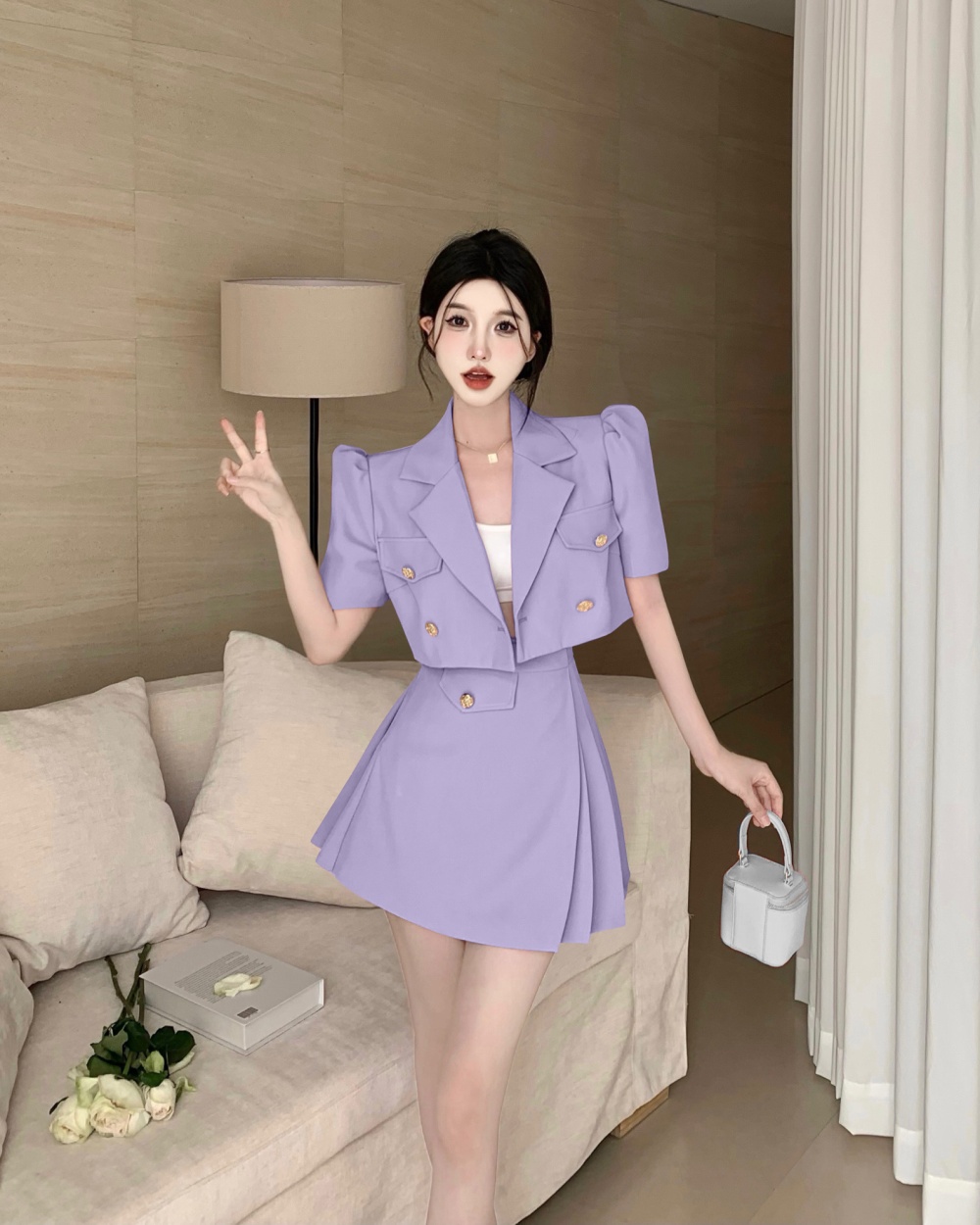 Pleated pinched waist business suit summer skirt 2pcs set