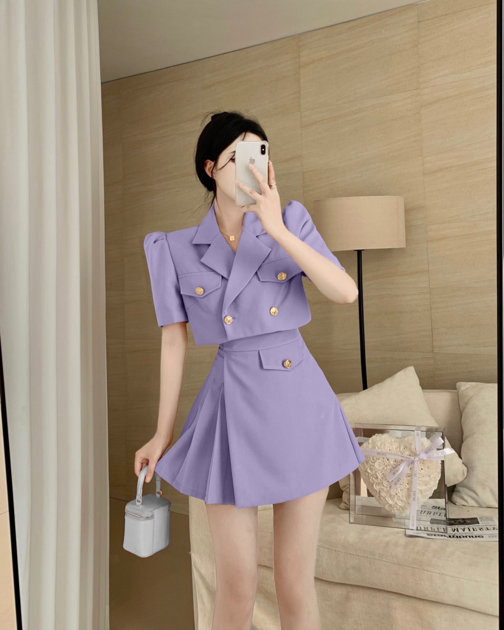 Pleated pinched waist business suit summer skirt 2pcs set