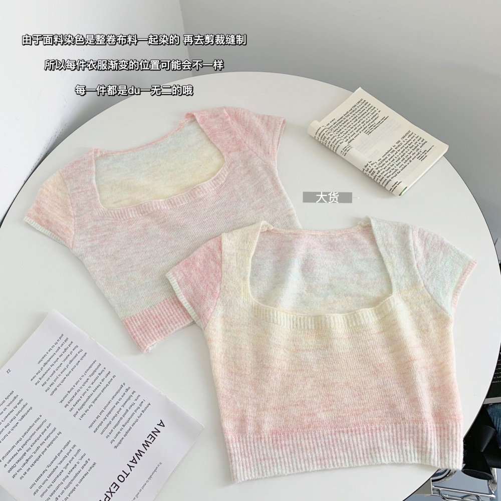 Short square collar T-shirt gradient tops for women