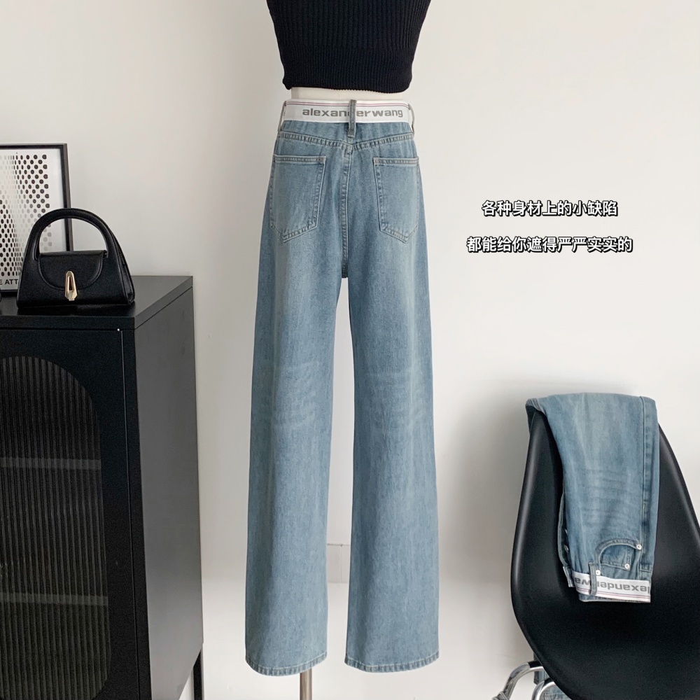 Letters slim waistband straight loose splice denim all-match jeans