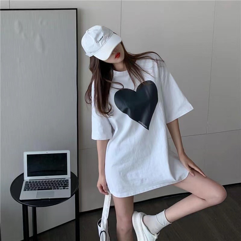 Heart round neck T-shirt white short sleeve tops for women