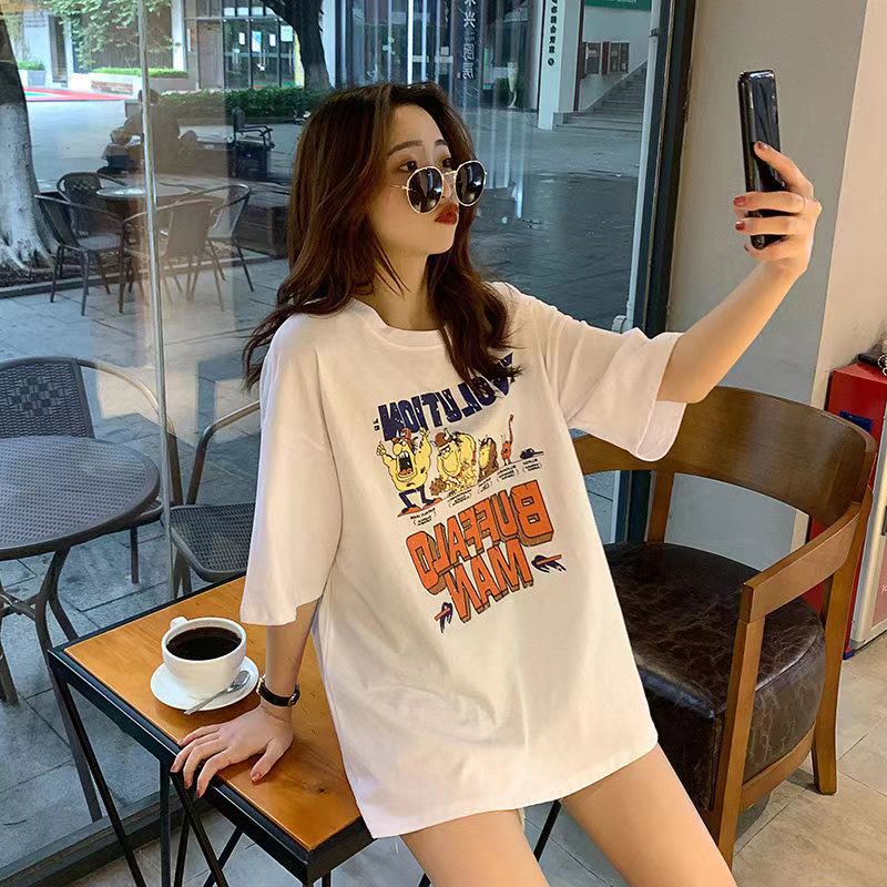 Letters spring and summer tops white loose T-shirt for women