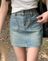 Denim anti emptied skirt double pocket short skirt