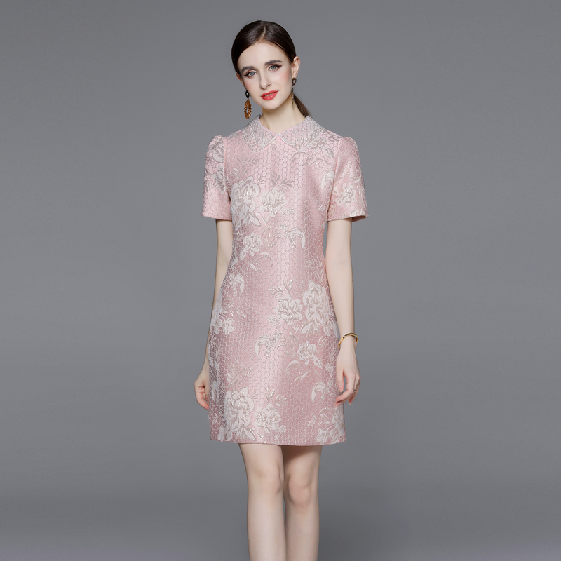 Jacquard splice fashion and elegant doll collar beading dress