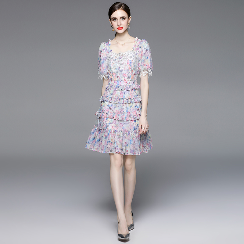 Fashion and elegant light printing gauze beading dress