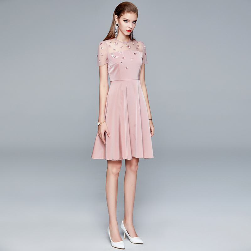 Splice zip pure fashion and elegant big skirt satin dress