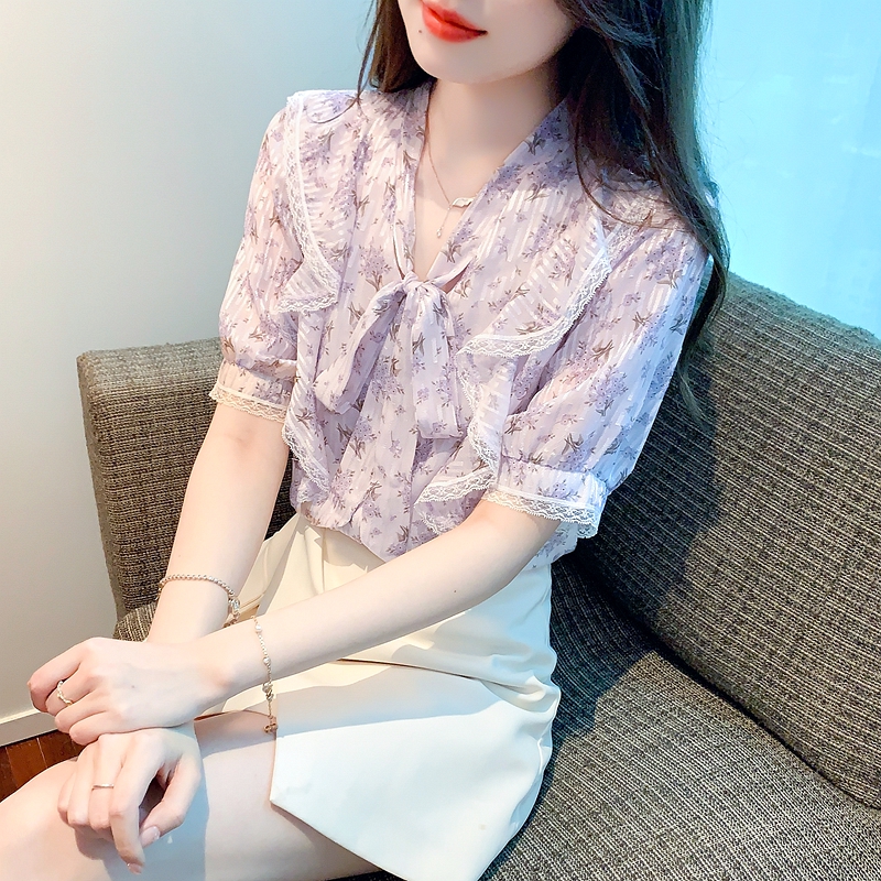 All-match floral shirt chiffon bow tops for women
