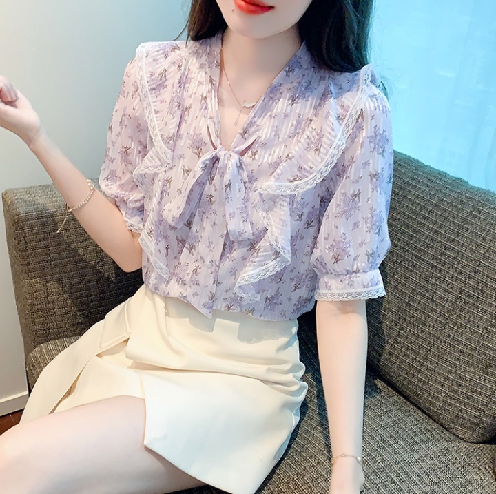 All-match floral shirt chiffon bow tops for women