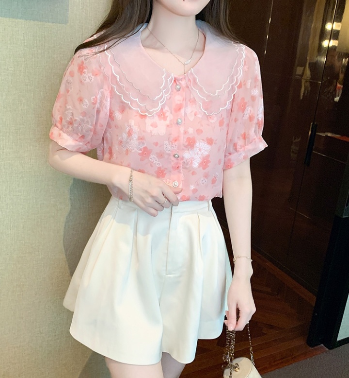 Doll collar France style shirt floral tops for women