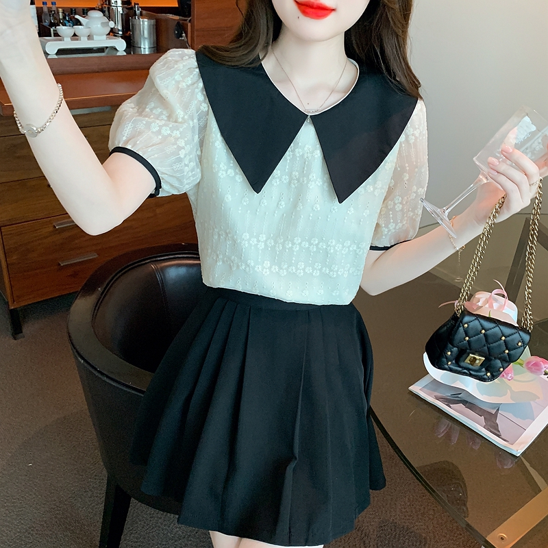 Embroidery doll collar tops splice shirt for women