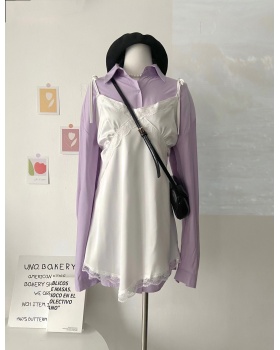 Spring purple lace dress sling fashion shirt 2pcs set