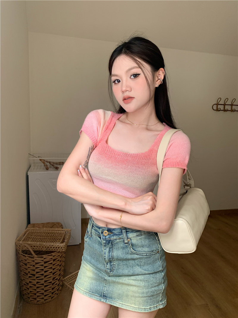 Retro square collar short gradient knitted tops