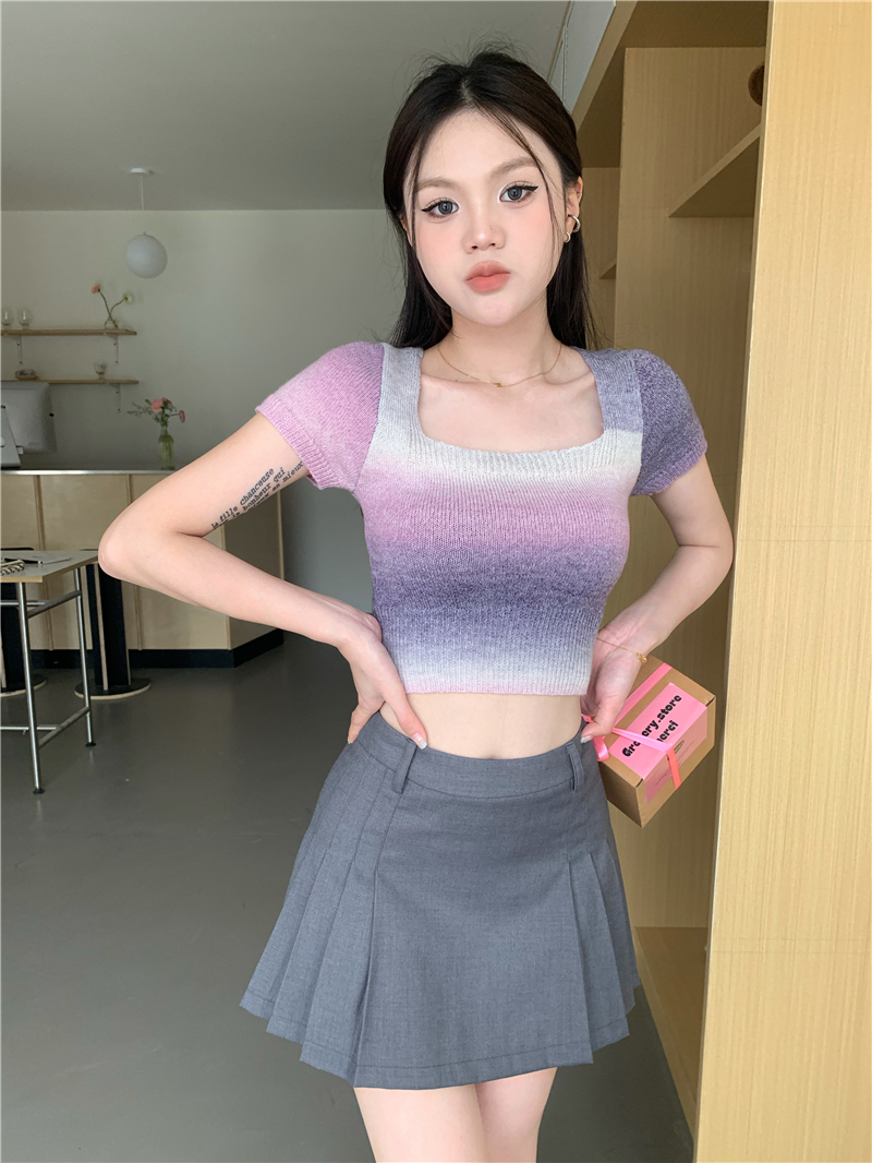 Retro square collar short gradient knitted tops