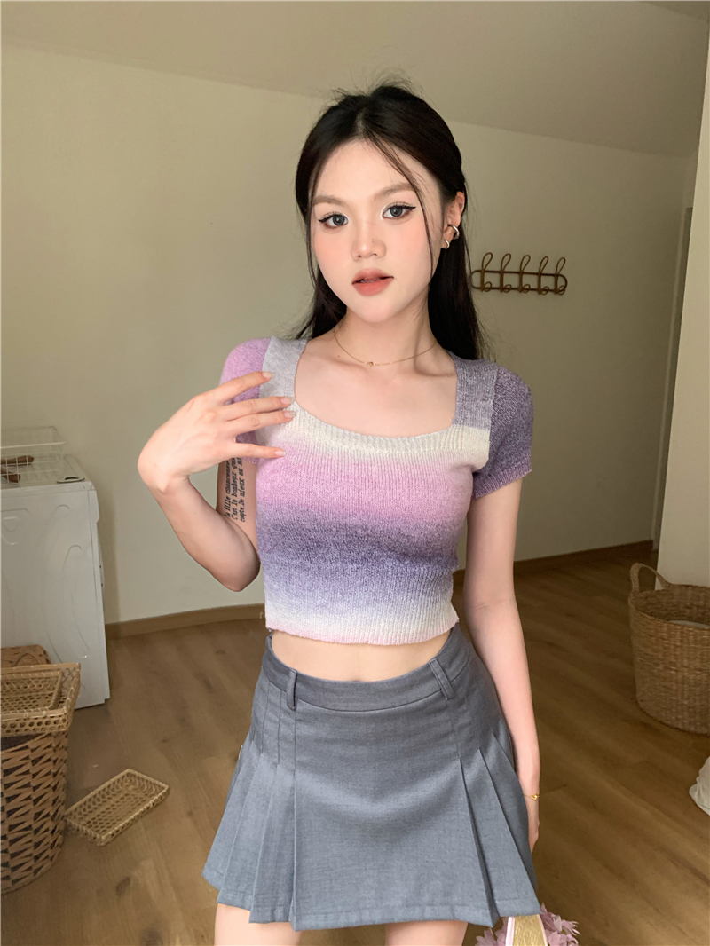 Retro square collar short gradient knitted tops