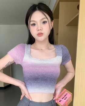 Retro square collar short gradient knitted tops