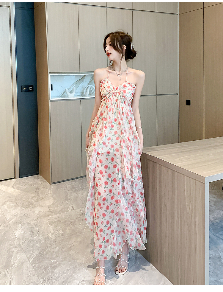Halter floral vacation dress  slit long dress