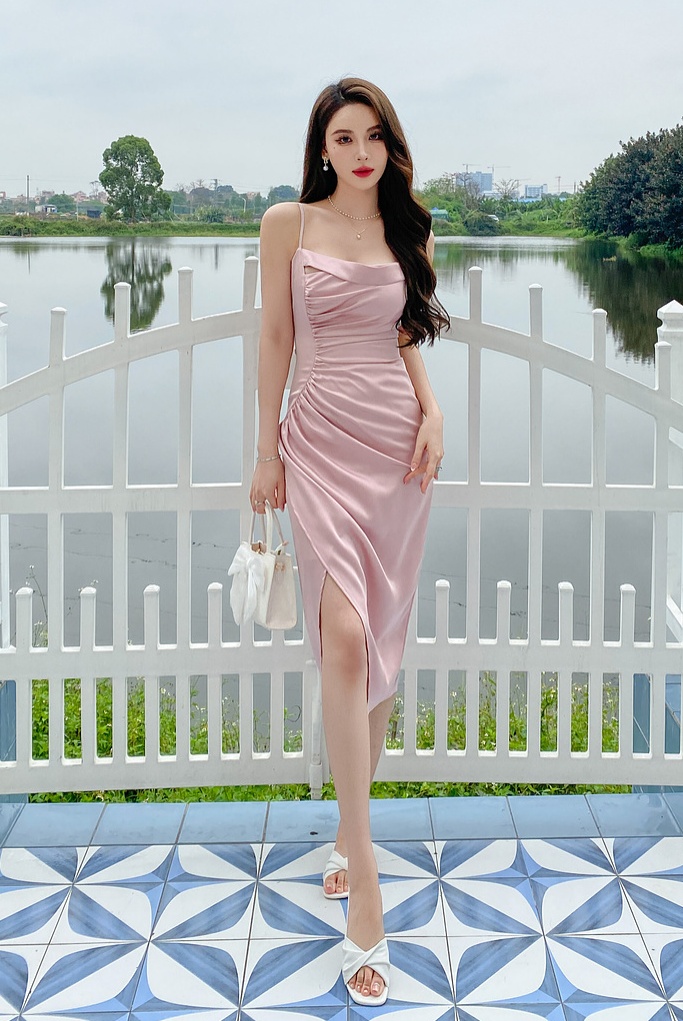 Wrapped chest satin fold sling pinched waist mermaid dress