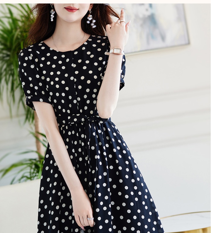 Round neck polka dot France style summer black dress