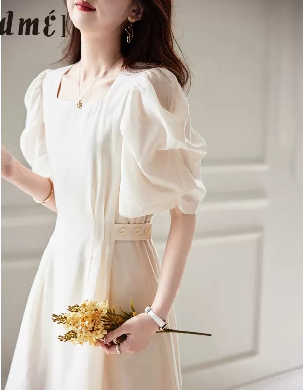 Pinched waist elegant temperament white dress for women