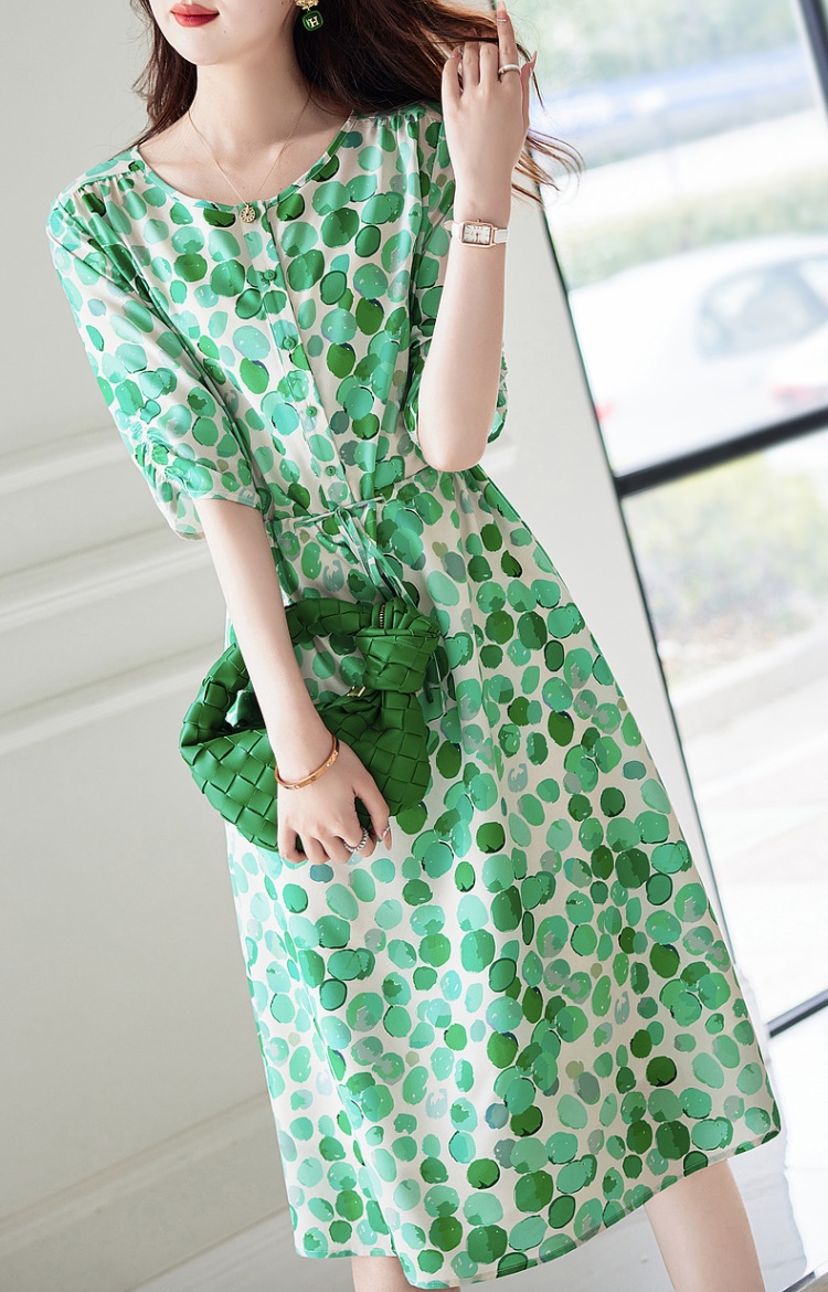 All-match printing pinched waist Casual dress for women