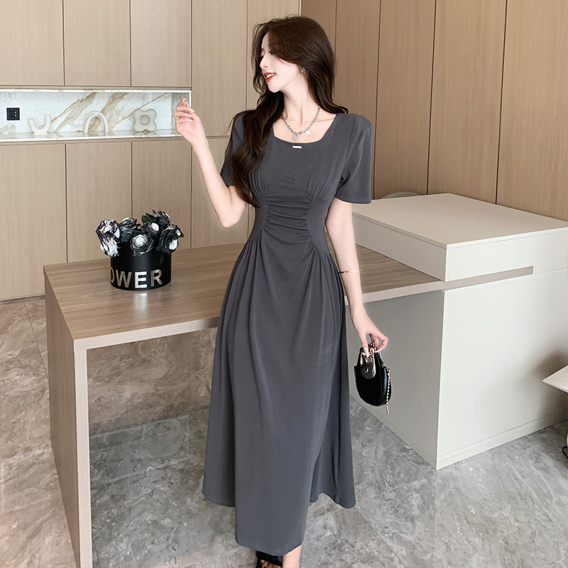 France style short sleeve long dress slim dress for women