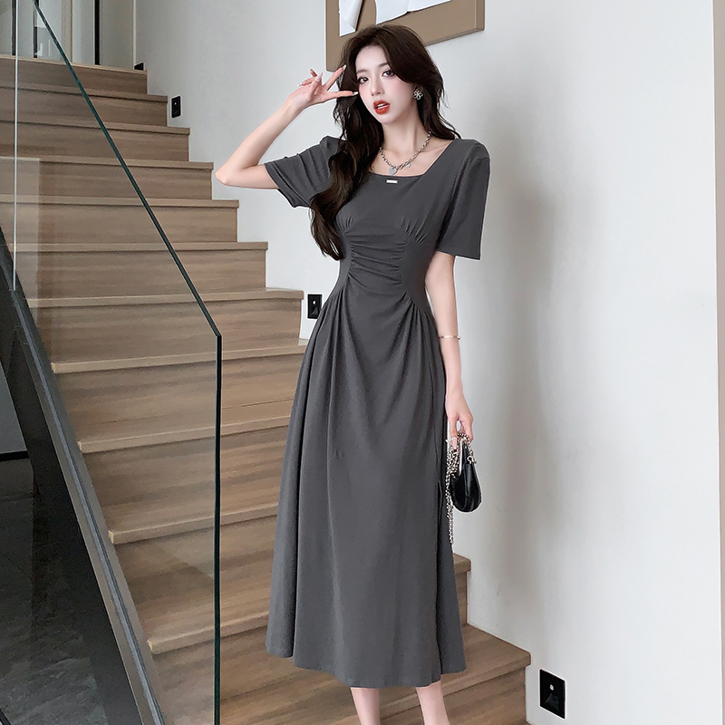 France style short sleeve long dress slim dress for women