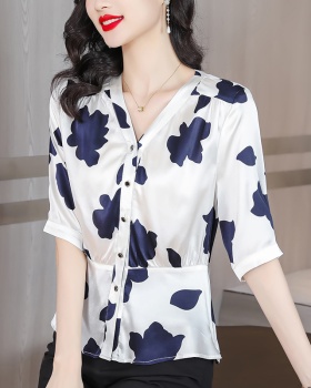 Pinched waist short sleeve shirt real silk T-shirt for women