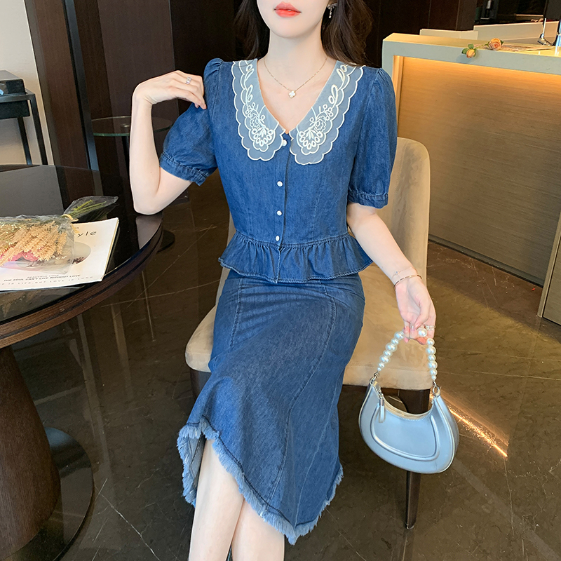 Summer denim tops retro dress 2pcs set for women