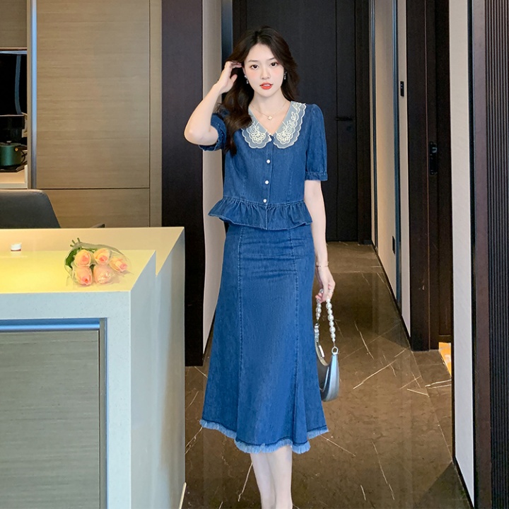 Summer denim tops retro dress 2pcs set for women