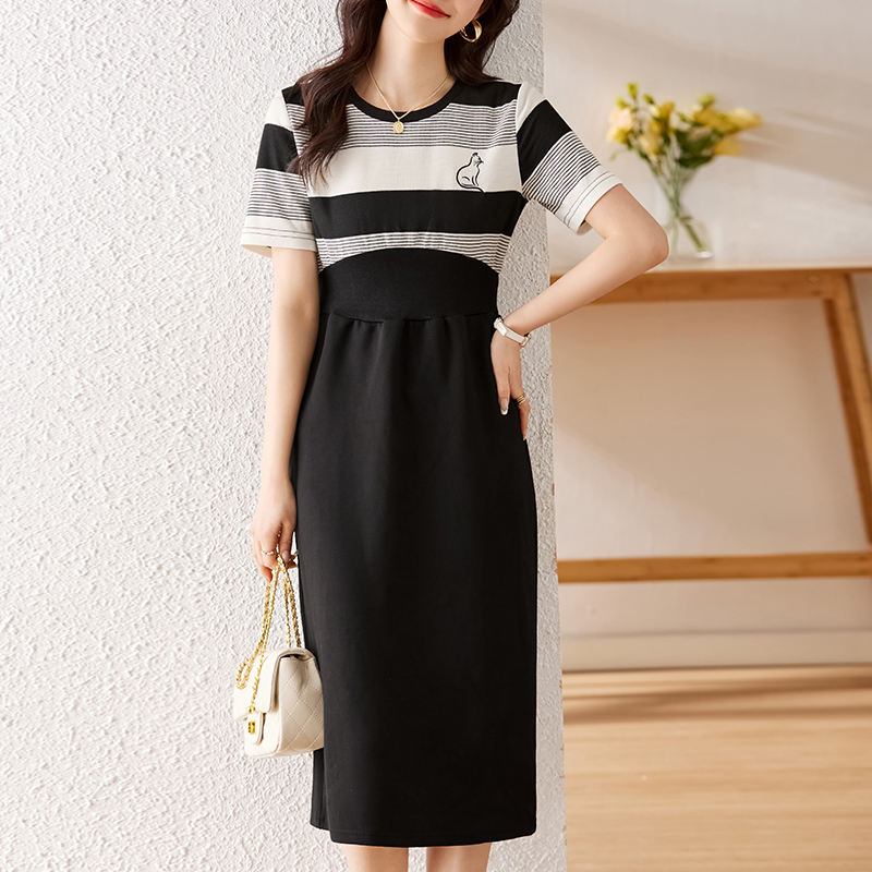 Embroidery summer knitted splice pinched waist slim dress