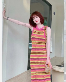 France style rainbow sleeveless long dress summer stripe vest