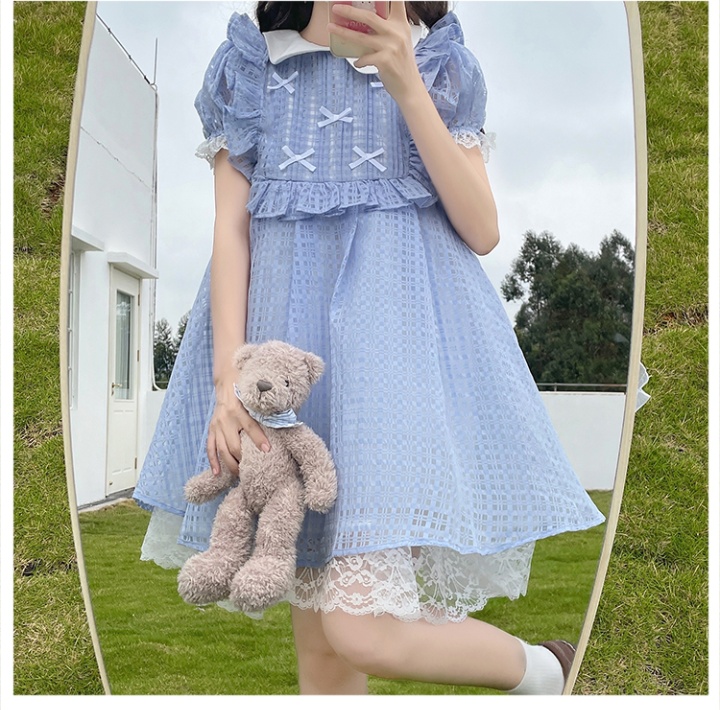 Doll collar short sleeve lace blue plaid dress