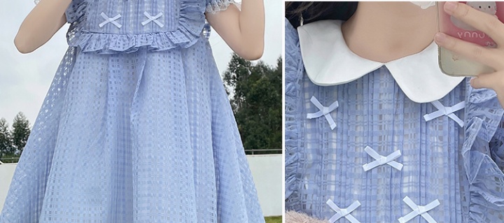 Doll collar short sleeve lace blue plaid dress