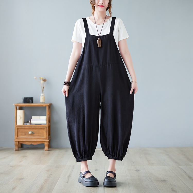 Casual cotton linen jumpsuit loose high waist pants for women