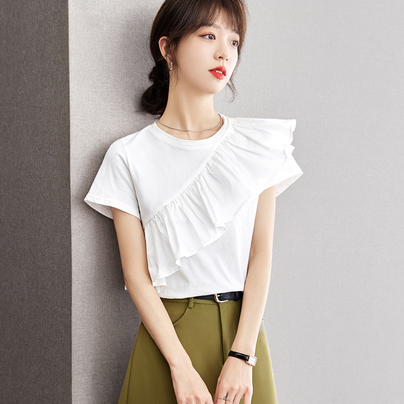 Short sleeve lotus leaf edges tops summer T-shirt for women