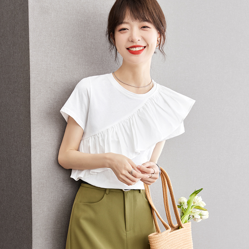 Short sleeve lotus leaf edges tops summer T-shirt for women