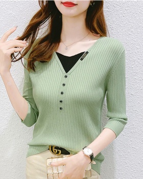 Thin summer tops V-neck Pseudo-two sweater for women