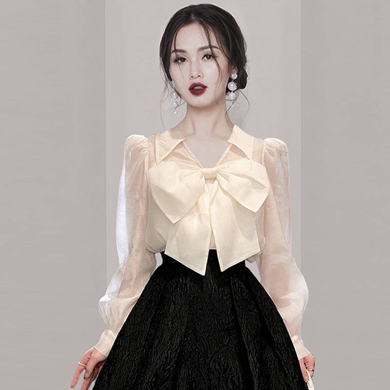 Bottoming France style tops puff sleeve shirt for women