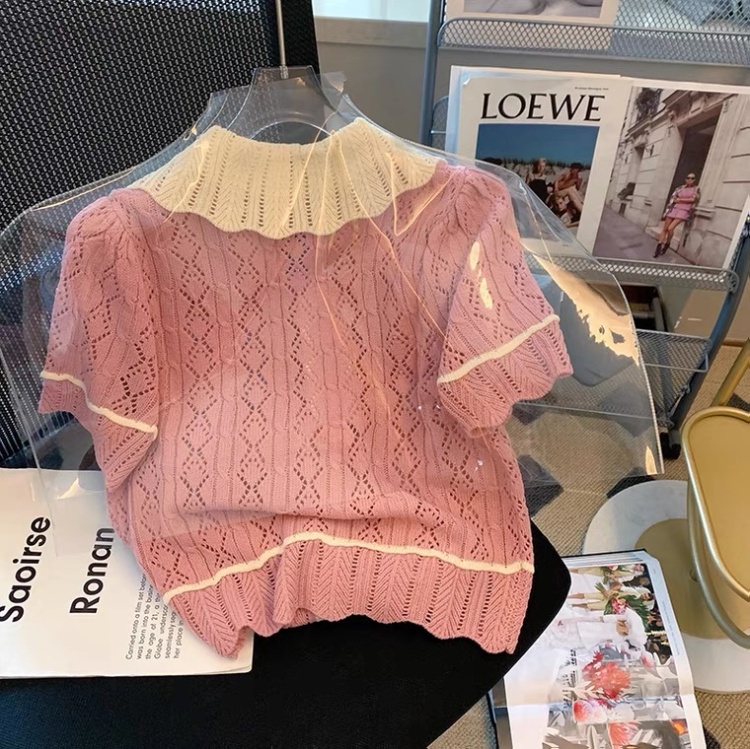 Short sleeve doll collar sweater mixed colors tops