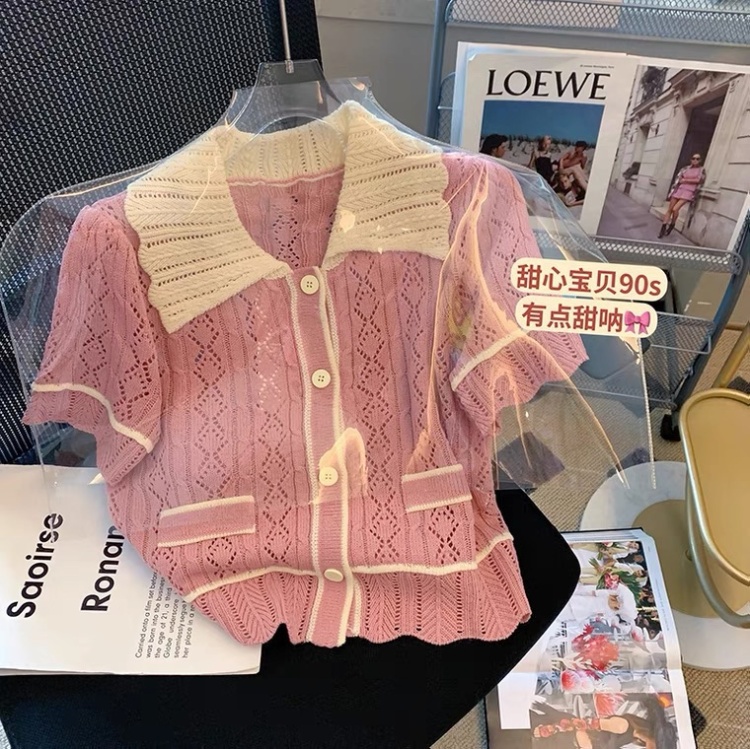 Short sleeve doll collar sweater mixed colors tops