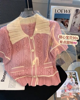 Short sleeve doll collar sweater mixed colors tops