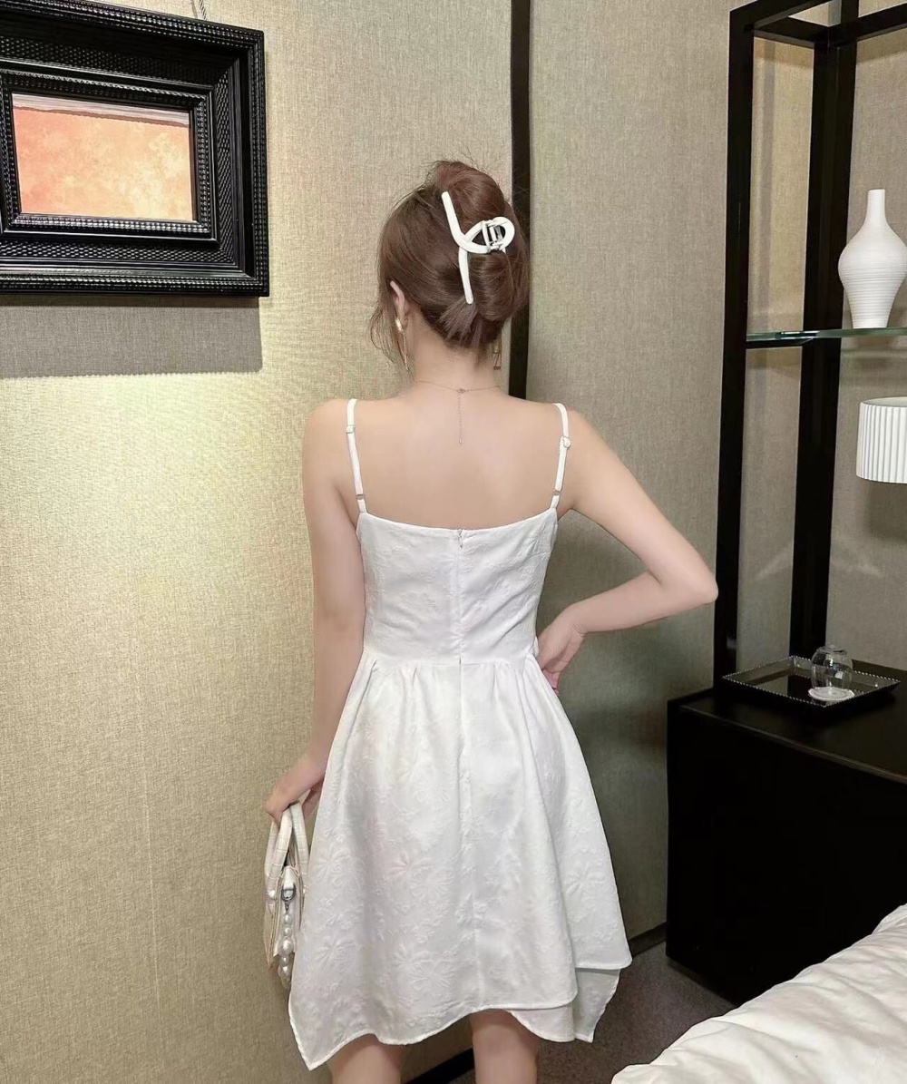 Irregular big skirt sling bandage white dress for women
