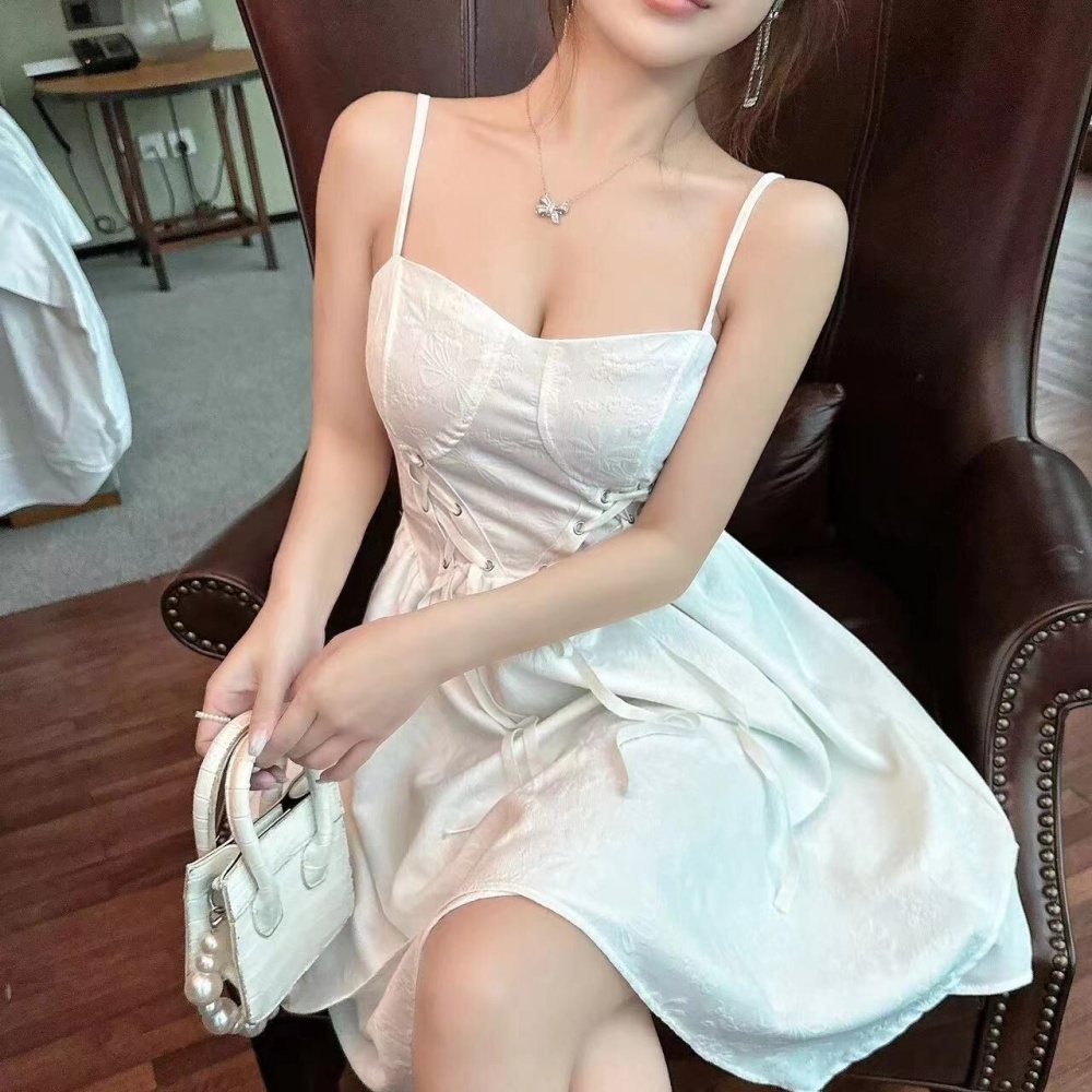 Irregular big skirt sling bandage white dress for women