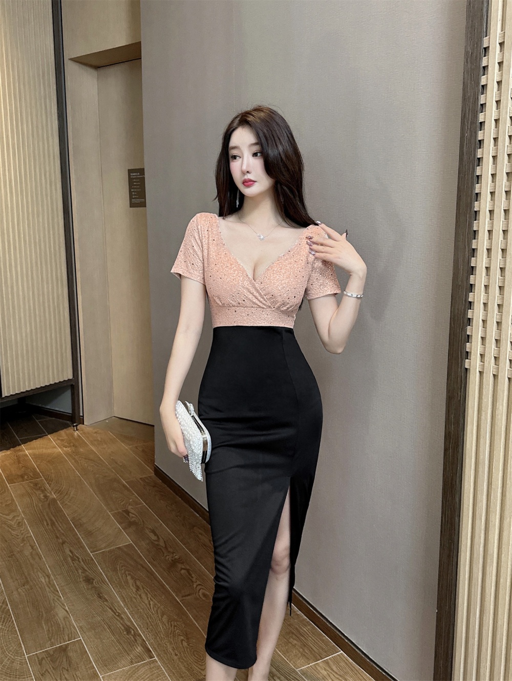V-neck package hip formal dress sexy mixed colors dress