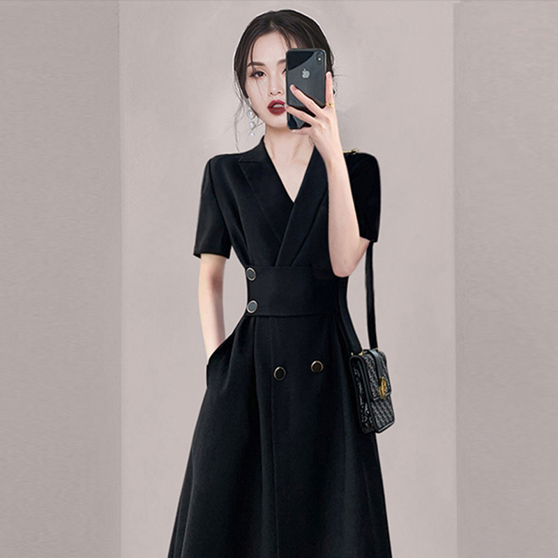 Light retro black pinched waist summer V-neck dress for women