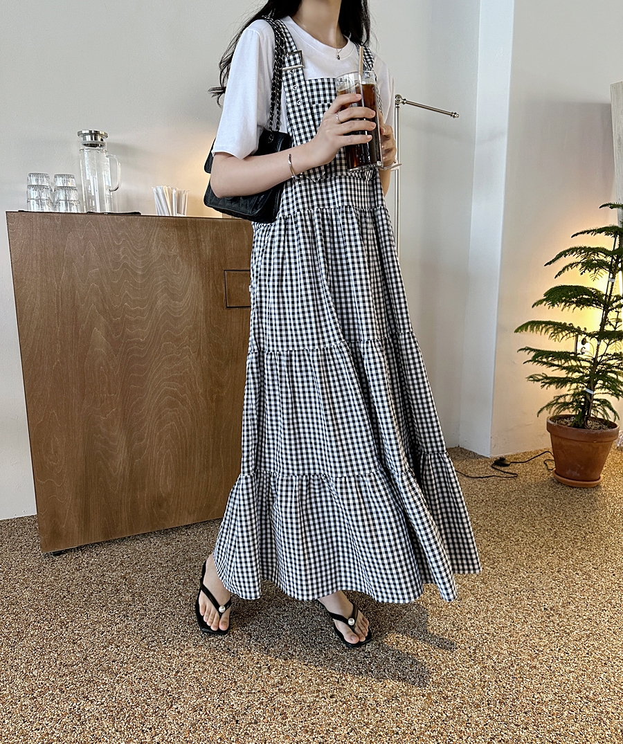 Retro Korean style summer fashion Casual strap plaid dress