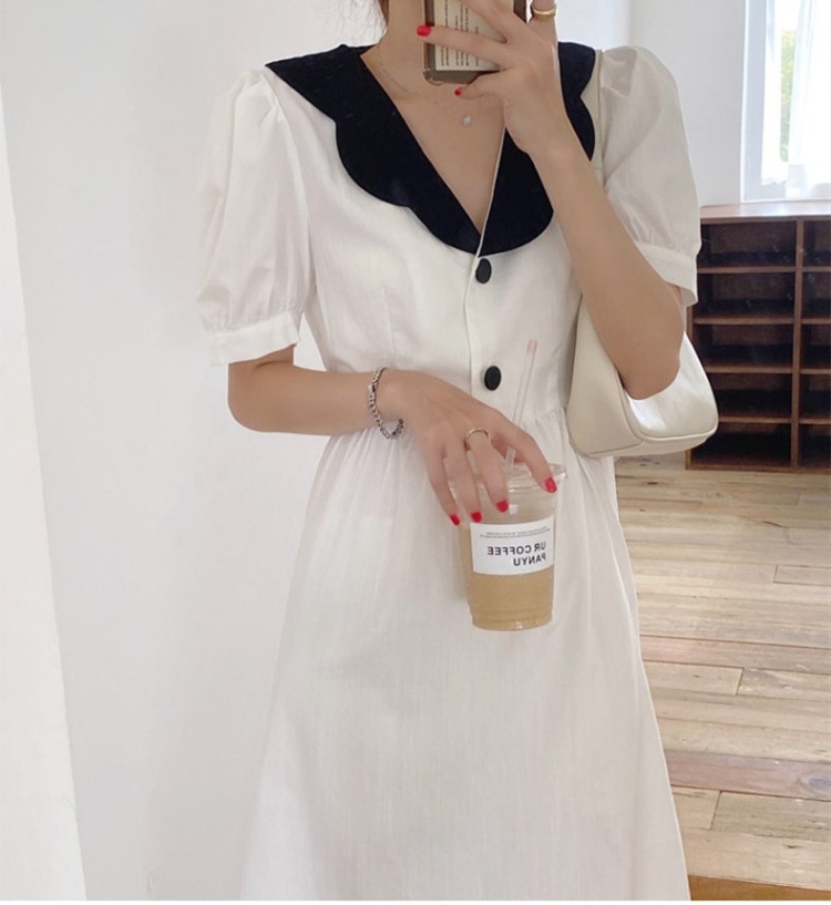 Mixed colors puff sleeve Korean style dress